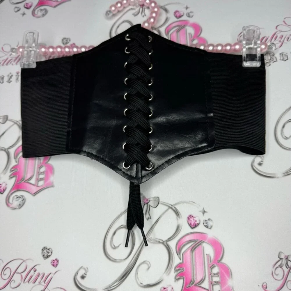 Corset belt waist cinch Velcro one size fits all black silver bustier lace up
